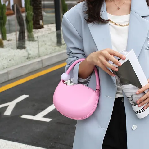 Women's Fashion PU Leather Crossbody Bag Cute Candy Color Pea Shaped Handbag Beaded Handle Casual Daily Shoulder Bag