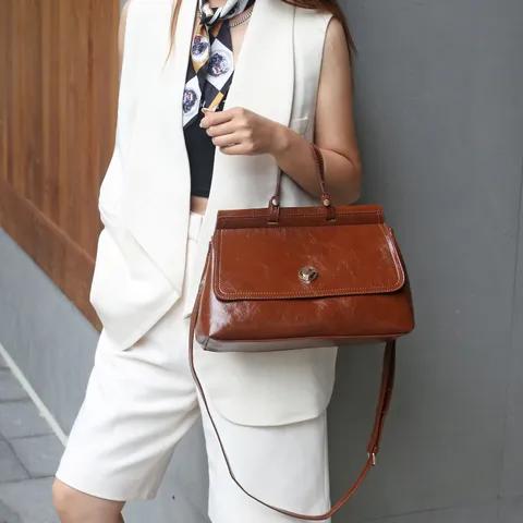Women's Vintage PU Leather Briefcase Large Capacity Top Handle Bag Casual Commuting Satchel Handbag With Metal Lock
