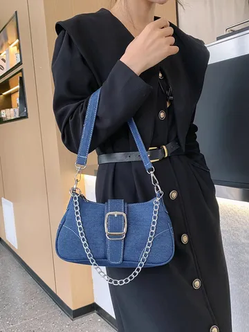 Women Fashion Denim Canvas Underarm Bag Retro Chain Bag Casual Versatile Shoulder Bag Baguette Bag Daily Handbag