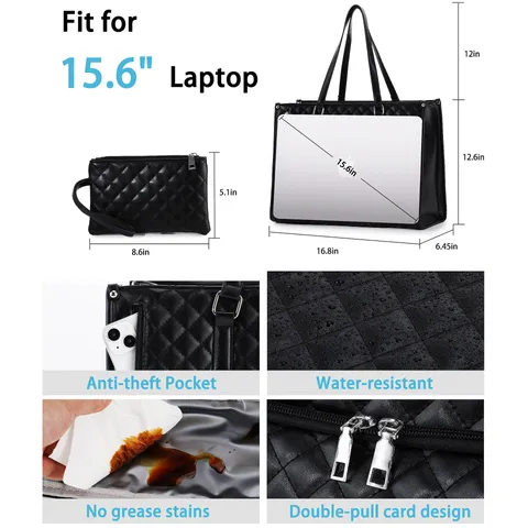 Large Capacity Quilted Tote Bag PU Leather Handbag Women Shoulder Crossbody Bag With Lunch Box Compartment And Pouch