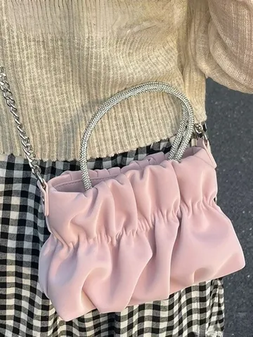 Women Fashion Ruched Cloud PU Leather Bag Rhinestone Top Handle Handbag Elegant Chain Shoulder Crossbody Bag Daily Purse