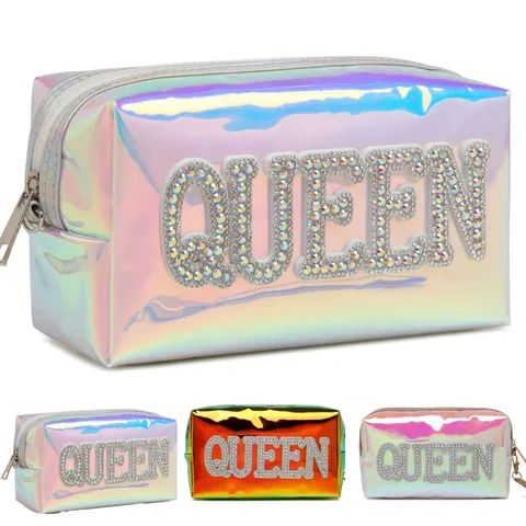 Large Capacity Waterproof Laser PVC Cosmetic Bag Travel Toiletry Organizer Pouch with Rhinestone Letter Fashion Makeup Bag