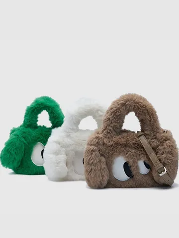 Women's Cute Plush Shoulder Crossbody Bag Fluffy Faux Fur Big Eyes Design Sweet Style Top Handle Handbag Daily Purse