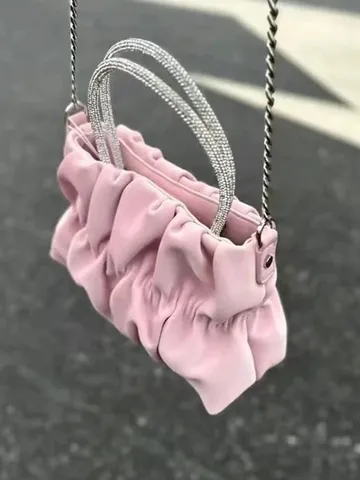 Women Fashion Ruched Cloud PU Leather Bag Rhinestone Top Handle Handbag Elegant Chain Shoulder Crossbody Bag Daily Purse