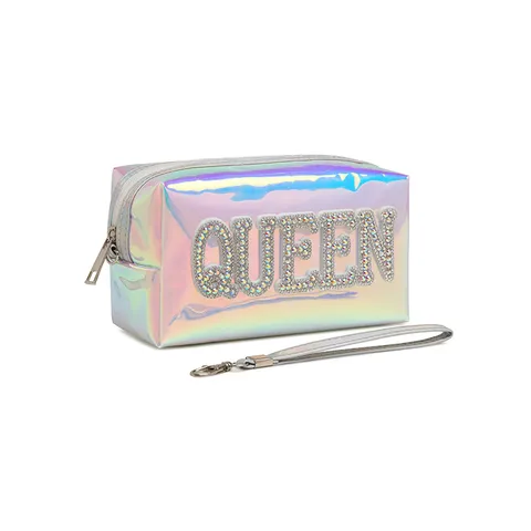 Large Capacity Waterproof Laser PVC Cosmetic Bag Travel Toiletry Organizer Pouch with Rhinestone Letter Fashion Makeup Bag