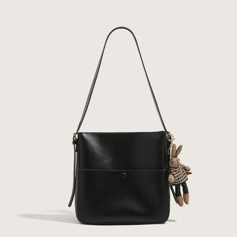 PU Leather Bucket Bag Women Casual Commute Crossbody Shoulder Bag Stylish Chic Handbag With Optional Doll Pendant