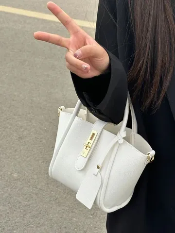 Minimalist PU Leather Bucket Bag For Women Litchi Pattern Solid Color Handbag Chic Metal Lock Crossbody Shoulder Bag