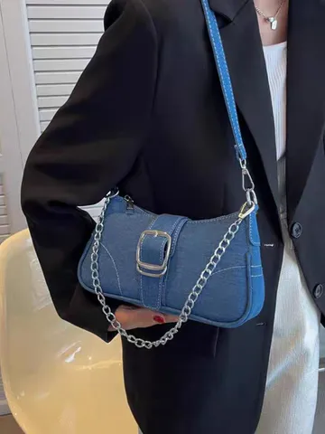 Women Fashion Denim Canvas Underarm Bag Retro Chain Bag Casual Versatile Shoulder Bag Baguette Bag Daily Handbag