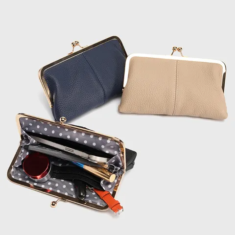 Vintage Genuine Leather Kiss Lock Coin Purse Women Mini Lipstick Clutch Wallet Retro Portable Small Change Bag Handbag