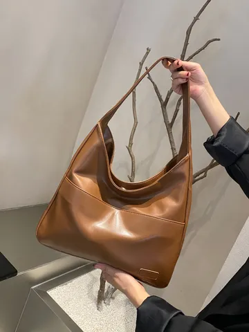 Women Large Capacity Soft PU Leather Tote Bag Vintage Casual Commuter Solid Color Shoulder Handbag Underarm Hobo Bag