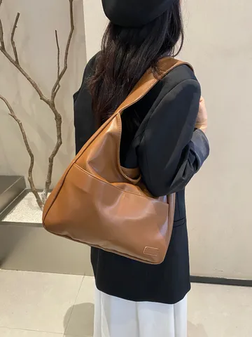 Women Large Capacity Soft PU Leather Tote Bag Vintage Casual Commuter Solid Color Shoulder Handbag Underarm Hobo Bag