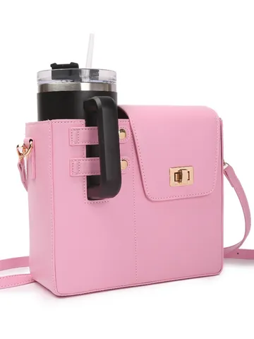 Multifunctional PU Leather Crossbody Bag Portable Water Bottle Holder With Metal Lock Casual Shoulder Bag For Women