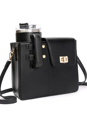 Multifunctional PU Leather Crossbody Bag Portable Water Bottle Holder With Metal Lock Casual Shoulder Bag For Women