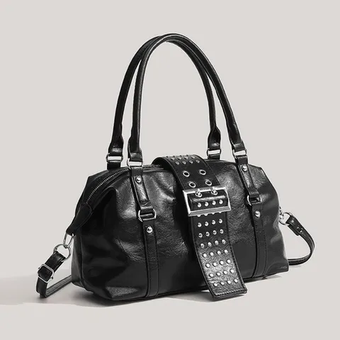 Women's Rivet Motorcycle Shoulder Bag PU Leather Retro Commuter Handbag Chic Punk Style Casual Top Handle Bag