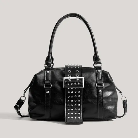 Women's Rivet Motorcycle Shoulder Bag PU Leather Retro Commuter Handbag Chic Punk Style Casual Top Handle Bag