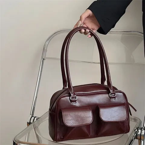Women PU Leather Shoulder Bag Retro Large Capacity Commuter Tote Bag Fashion Versatile Underarm Bag Solid Color