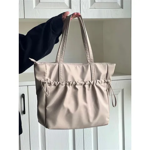 Large Capacity Nylon Tote Bag For Women Casual Commuter Shoulder Bag Simple Solid Color Zipper Handbag Student Bookbag
