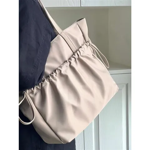 Large Capacity Nylon Tote Bag For Women Casual Commuter Shoulder Bag Simple Solid Color Zipper Handbag Student Bookbag
