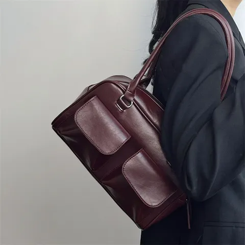 Women PU Leather Shoulder Bag Retro Large Capacity Commuter Tote Bag Fashion Versatile Underarm Bag Solid Color