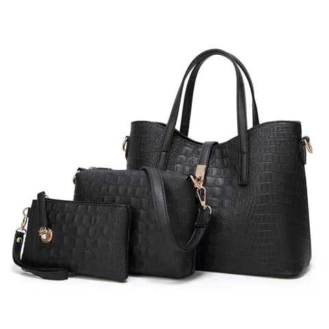 Women PU Leather Crocodile Pattern Handbag Three Piece Set Fashion Tote Bag Elegant Shoulder Purse For Daily Commute