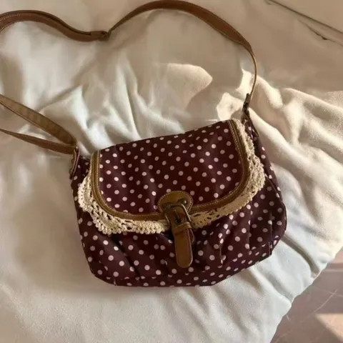 Women Retro Polka Dot Canvas Crossbody Bag With Lace Trim Casual Saddle Bag Small Vintage Messenger Shoulder Bag