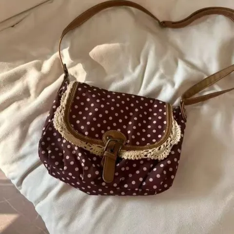 Women Retro Polka Dot Canvas Crossbody Bag With Lace Trim Casual Saddle Bag Small Vintage Messenger Shoulder Bag