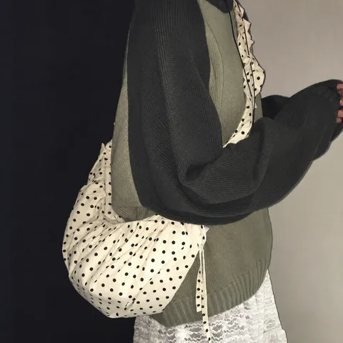 Retro Polka Dot Pleated Crescent Saddle Bag Korean Niche Cute Drawstring Single Shoulder Crossbody Handbag For Women