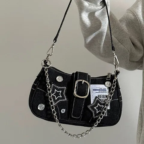 Women's Vintage Canvas Underarm Bag Y2K Street Style Chain Shoulder Bag Retro Star Embroidery Handbag Black Blue