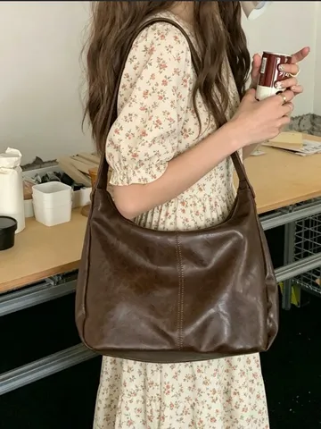 Women Casual PU Leather Tote Bag Large Capacity Vintage Hobo Shoulder Bag Daily Fashion Handbag Top Handle Purse