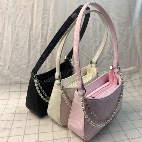 Women Fashion Underarm Bag PU Leather Quilted Shoulder Bag Pearl Metal Double Chain Bag Casual Daily Purse