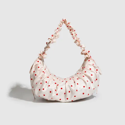 Women Casual Pleated Polka Dot Dumpling Bag Drawstring Zipper Crossbody Canvas Bag Commuter Tote Bag