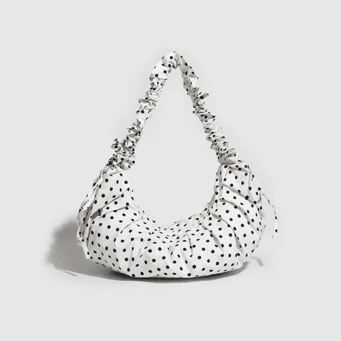 Women Casual Pleated Polka Dot Dumpling Bag Drawstring Zipper Crossbody Canvas Bag Commuter Tote Bag