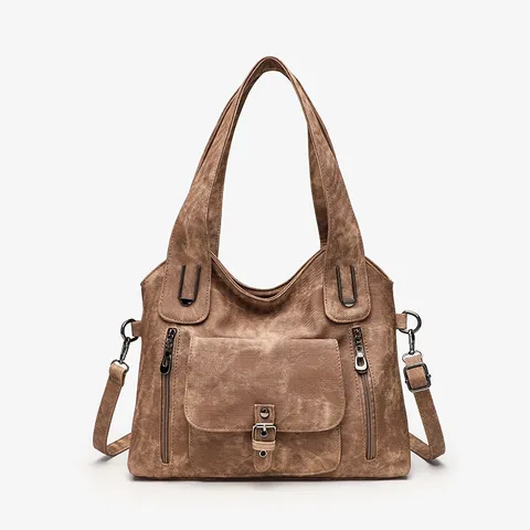 Women Vintage Large Capacity PU Leather Shoulder Bag Casual Tote Crossbody Bag Multi-Pocket Handbag With Chain Element