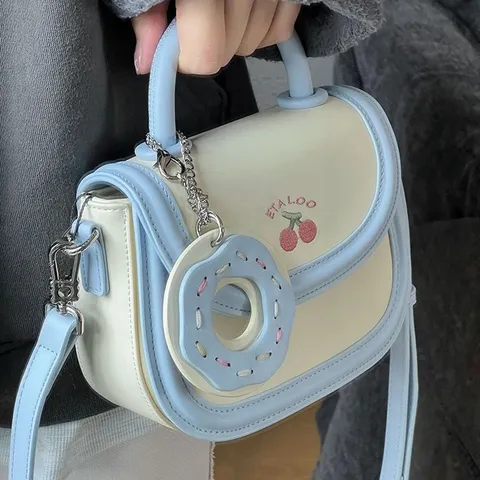 Women PU Leather Saddle Bag Japanese Color Block Crossbody Handbag With Cherry Embroidery And Donut Pendant