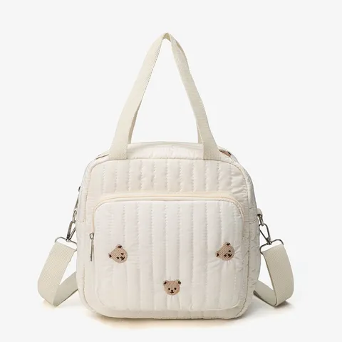 Quilted Cotton Tote Bag Cute Bear Tulip Embroidery Crossbody Bag Casual Lightweight Mommy Bag Travel Handbag
