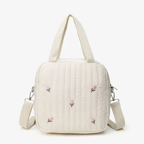Quilted Cotton Tote Bag Cute Bear Tulip Embroidery Crossbody Bag Casual Lightweight Mommy Bag Travel Handbag