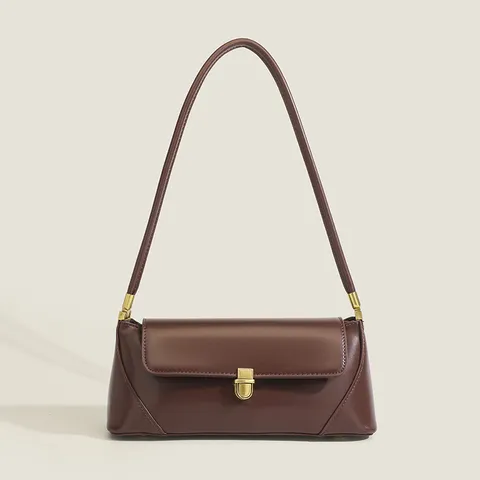 Sac Underarm en Cuir PU Rétro pour Femmes Français Vintage Couleur Unie Sac à Bandoulière Chic Serrure Métallique Sac Baguette