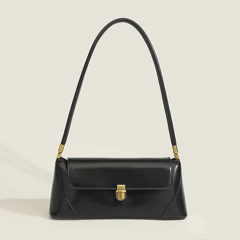 Sac Underarm en Cuir PU Rétro pour Femmes Français Vintage Couleur Unie Sac à Bandoulière Chic Serrure Métallique Sac Baguette