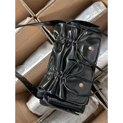 Women PU Leather Shoulder Crossbody Bag Sweet Cool Bow Drawstring Multi-Pocket Handbag Casual Fashion Chic Underarm Bag