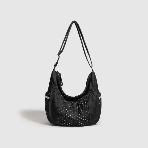 Borsa a Tracolla Casual in Tela da Donna Grande Capacità Tote Bag Stile Balletto Pois Borsa a Spalla Studente Commuter