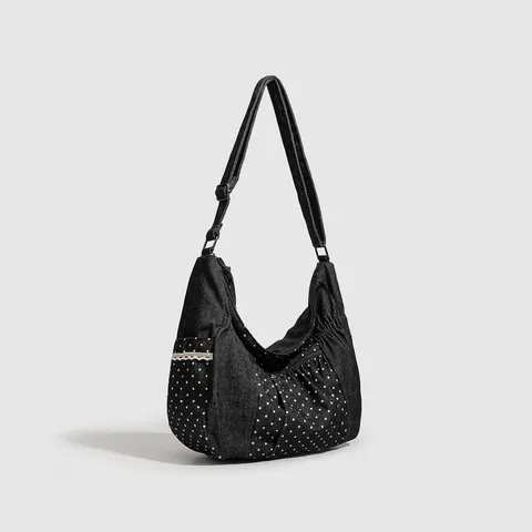 Borsa a Tracolla Casual in Tela da Donna Grande Capacità Tote Bag Stile Balletto Pois Borsa a Spalla Studente Commuter