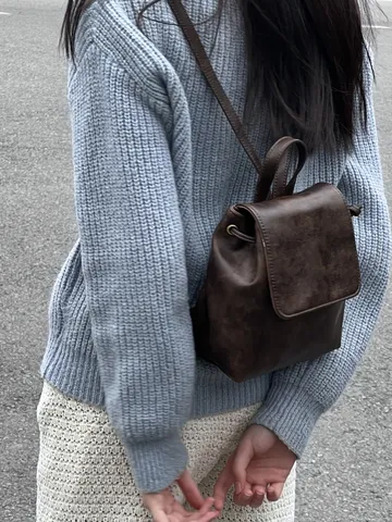 Retro Small PU Leather Backpack For Women Fashion Casual Solid Color Mini School Bag Daily Versatile Travel Daypack
