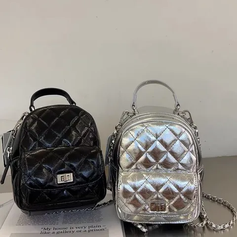 Mini Quilted Backpack Women Fashion PU Leather Shoulder Bag Luxury Chain Small Travel Daypack Silver Black