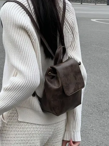 Retro Small PU Leather Backpack For Women Fashion Casual Solid Color Mini School Bag Daily Versatile Travel Daypack