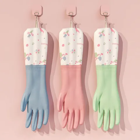 Waterproof Household Cleaning Gloves Long Cuffed Velvet Lined Rubber Dishwashing Gloves for Kitchen Women