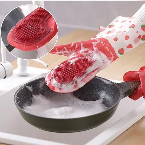 Multifunctional Silicone Cleaning Gloves Waterproof Rubber Dishwashing Gloves with Scrub Brush Strawberry Pattern