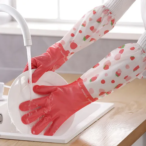Durable Waterproof PVC Household Dishwashing Gloves Lengthened Strawberry Print Kitchen Cleaning Gloves For Women