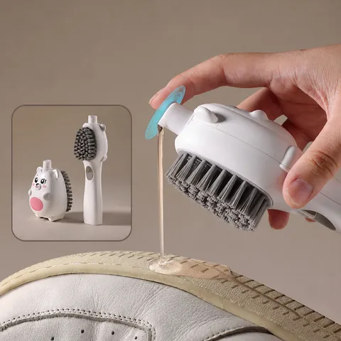 Household Liquid Dispensing Shoe Brush ABS Cleaning Tool With Soft Bristles Cute Bear Design For Laundry
