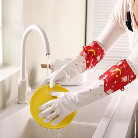 Household Cleaning Gloves Waterproof PVC Long Shiba Inu Design Fleece Lined Dishwashing Gloves For Kitchen Laundry Women