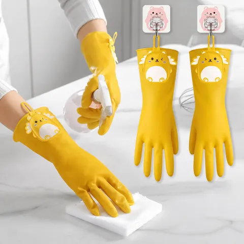 Yellow PVC Dishwashing Gloves Waterproof Non-Slip Household Cleaning Gloves Durable Long Sleeve Gloves For Kitchen Housework